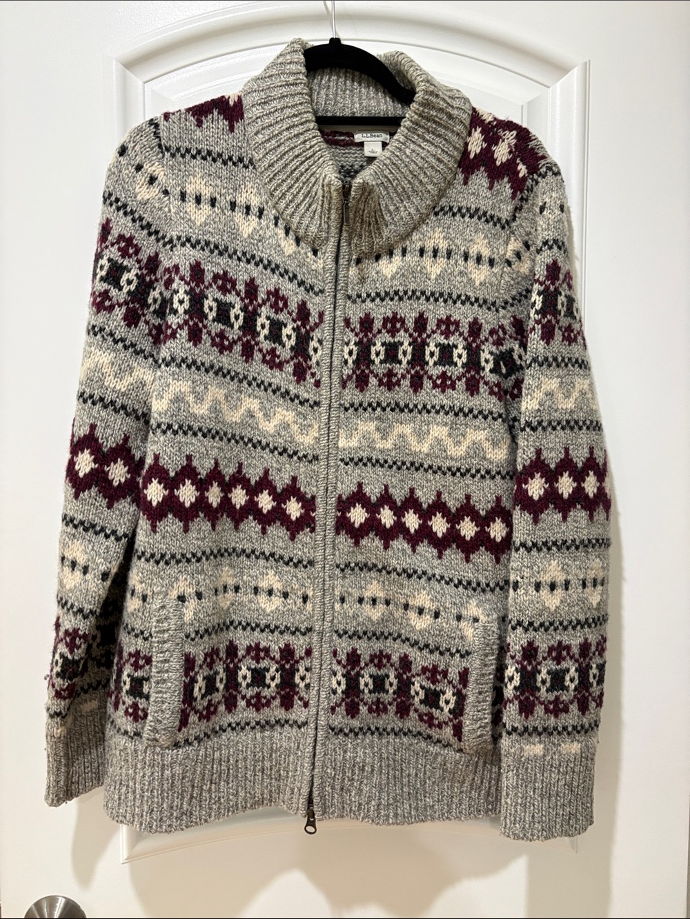 L.L. Bean Grey Zip-Front Fair Isle Cardigan with Burgundy Accents